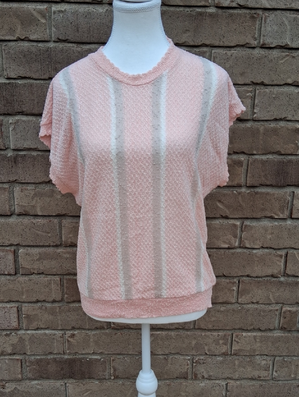 Sears Blush Pink Short Sleeve Textured Knit Top with Cream Stripes